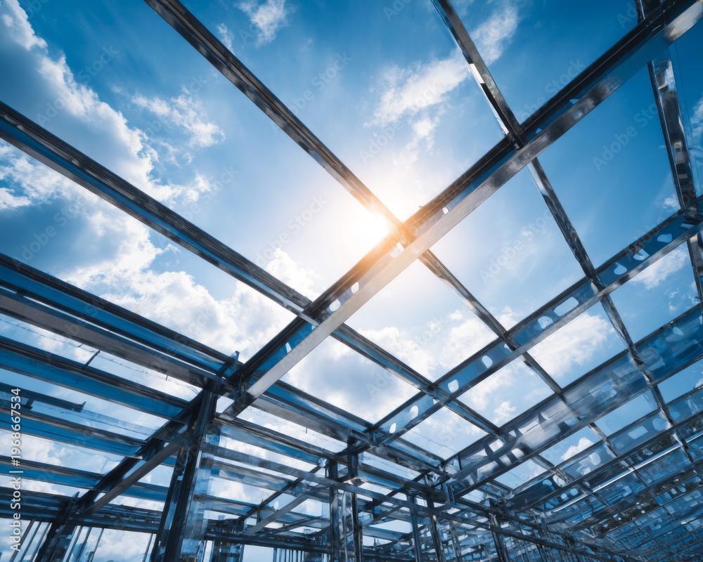 Fototapeta premium Steel framework construction against blue sky with sunlight modern industrial architecture concept