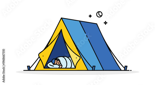 Illustration of a person sleeping in a tent at night