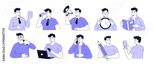 Man character at work use smartphone, laptop and other objects. Business activities doodle vector illustration.