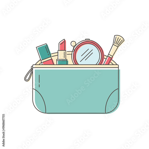 Cosmetic bag with makeup products including lipstick, mirror, and brush flat vector illustration