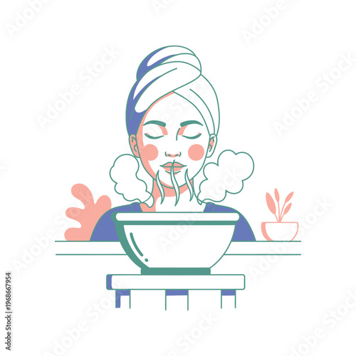 Woman with towel on head inhaling steam from a bowl for facial treatment in a minimalist flat illustration style