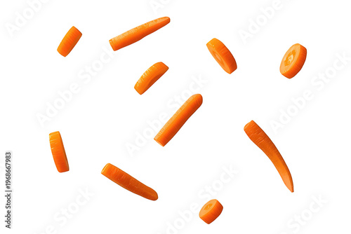 Fresh orange carrots flying, showing different cuts like sticks, slices, and pieces, healthy raw food on transparent background