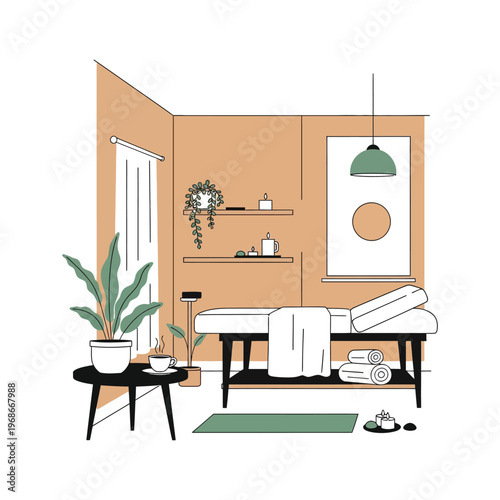 Minimalist massage room interior illustration with spa table, candles, and plants in a wellness center setting