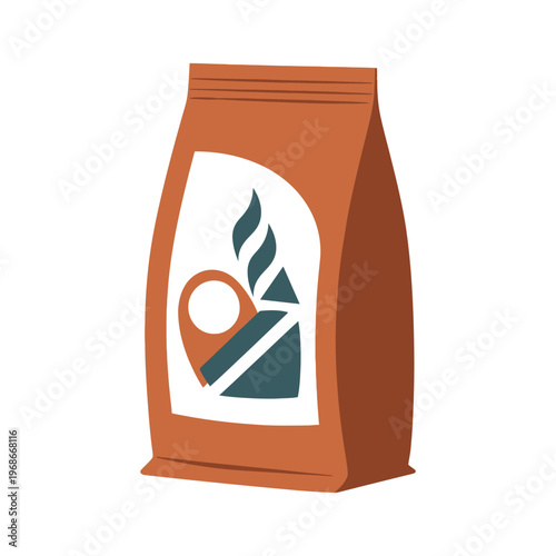 Brown coffee bag packaging illustration with abstract label design in flat style