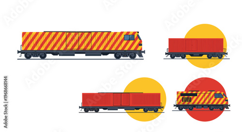 Collection of diverse railway freight train cars and cargo wagons including locomotives and containers on circular backdrops.
