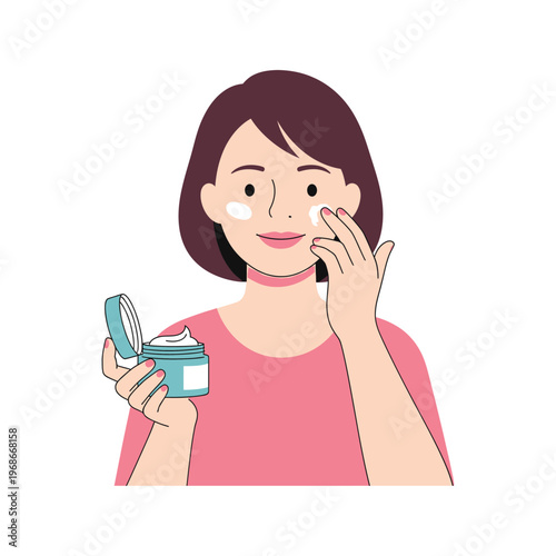 Young woman applying face cream from a jar for skincare routine vector illustration