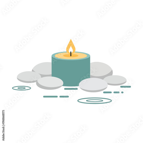 Zen spa illustration with burning candle and smooth stones for meditation and wellness