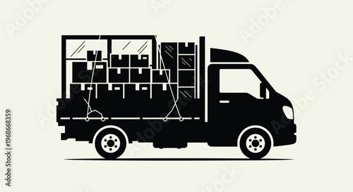 Black silhouette of a small delivery truck heavily loaded with stacked cardboard boxes for transport and moving.