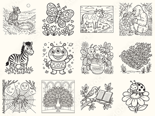 Cute robot dog exploring alien planet surface coloring page design for children featuring craters and stars in simple line art