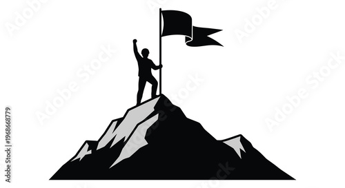 A victorious figure raises an arm in triumph atop a mountain peak captured in a striking silhouette high quality professional detailed