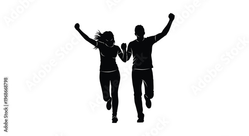 A joyful couple celebrates success arms raised in triumphant gesture against a plain white background silhouette high quality professional detailed modern