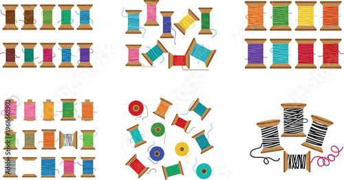 Sewing Thread Spool Collection Vector Set with Colorful Yarn Rolls and Textile Supplies for Tailoring Crafting Fashion Design and Needlework Illustration