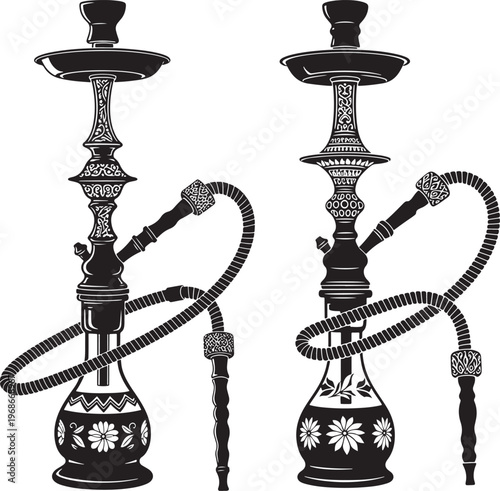 Decorative shisha hookahs with hoses silhouette illustration with water pipe with middle eastern with white background with still life
