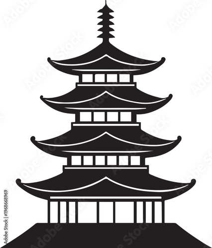 A black and white illustration depicting a traditional east asian pagoda structure