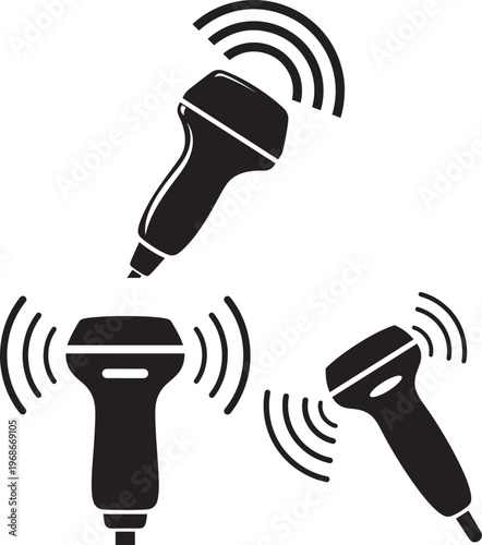 Ultrasound transducer probes emitting waves icons with sound wave
