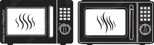 Microwave oven icons heating food with steam with fast food with cooking equipment