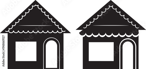 Decorative gingerbread house outlines icons with scalloped details with fairy tale with real estate