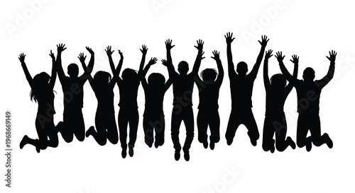 A group of people joyfully jumping with arms raised in a dynamic pose depicted as a striking silhouette high quality professional