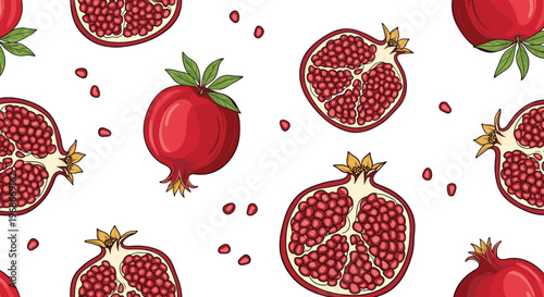 Vibrant seamless pattern of whole and cut pomegranate fruit with red seeds scattered over a plain white background.