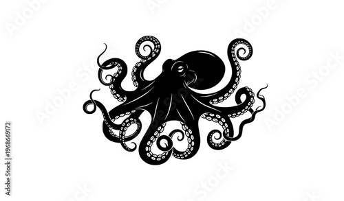 Octopus silhouette vector with curled tentacles and visible suckers black and white ocean animal illustration