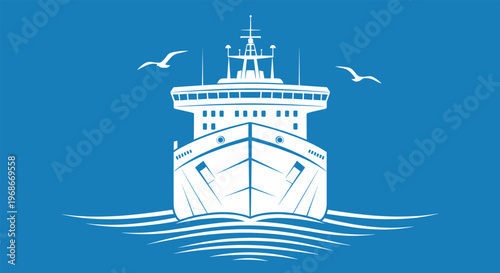 Clean white silhouette illustration of a large ocean-going vessel and flying seagulls against a solid blue background representing maritime travel.