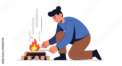 Person kneeling by a campfire roasting food in a flat vector illustration style