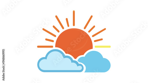 Vibrant sunrise icon vector illustration featuring a bright sun rising behind two fluffy blue clouds, perfect for weather apps, morning themes, or sunset designs, flat minimalist AI-generated.