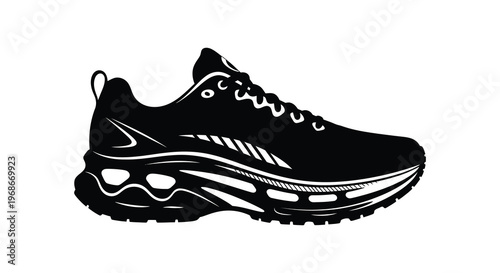 A sleek black running shoe is prominently displayed its design highlighted in a striking silhouette high quality professional detailed modern elegant