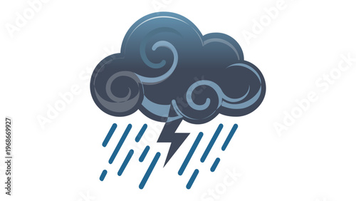 Professional vector illustration of a dark blue thunderstorm cloud with rain droplets and a lightning bolt, minimalist flat icon for weather forecasting, meteorology, and seasonal climate apps.