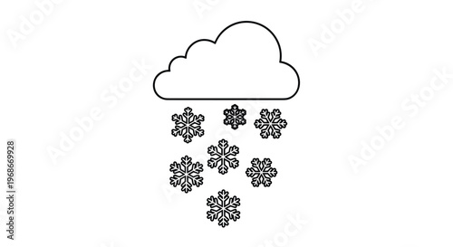 Minimalist line icon depicting a single cloud with several falling snowflakes representing winter weather conditions or a forecast for snowfall.