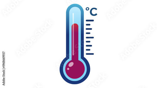 Professional vector illustration of a thermometer icon with red liquid indicating high temperature in Celsius, ideal for weather apps, medical fever tracking, climate change, and heat wave.