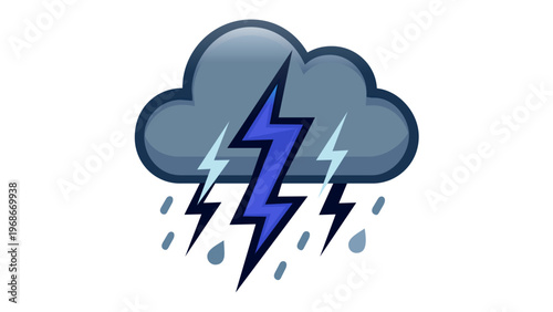 Scalable vector illustration of a dark rainy storm cloud with bright blue lightning bolts and falling raindrops, minimalist flat design icon for weather forecasting apps and climate graphics.