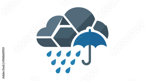Thunderstorm weather icon featuring a dark grey rain cloud with blue umbrella and falling raindrops, flat minimalist vector illustration for meteorological forecast apps, AI-generated graphic.