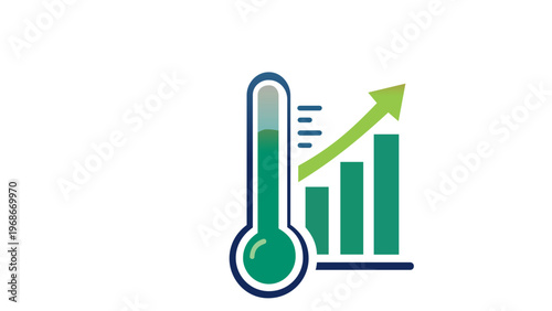 Vector icon illustration of a thermometer next to a rising bar chart and arrow, symbolizing global warming, climate change, increasing temperatures, heat waves, and weather data analysis.