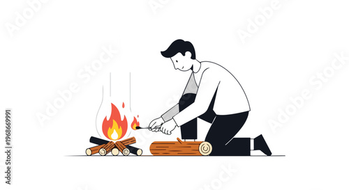 Minimalist illustration of a man lighting a campfire in nature