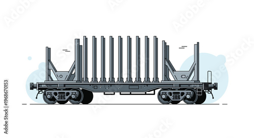 Technical flat illustration of an industrial railway freight car designed for carrying timber or long pipes shown in profile against a light background.
