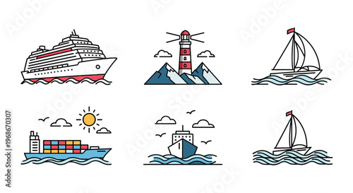 Collection of various maritime icons including a cruise ship, lighthouse, sailboat, cargo ship, and ocean waves in a flat color style.