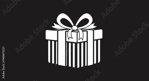 Single white gift box with a large bow and vertical stripes isolated in the center of a solid black background.