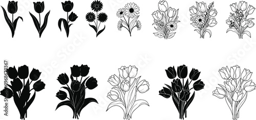 Tulip and Flower Bouquet Silhouette Vector Collection with Hand Drawn Floral Arrangements for Wedding Decoration Botanical Design and Nature Illustration Set