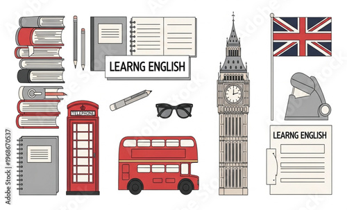 Learning English icon set with books and British culture symbols vector illustration isolated on white