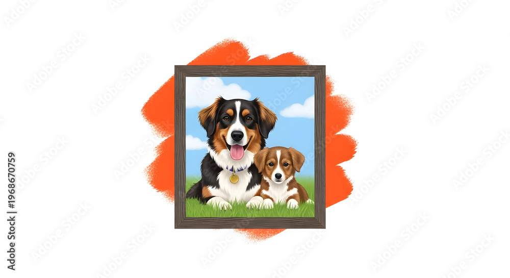 Fototapeta premium A framed illustration of two adorable dogs sitting on grass in a serene landscape