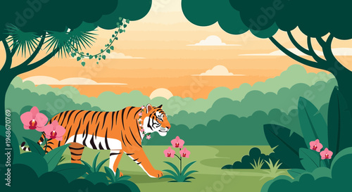 Majestic Tiger Walking in Lush Tropical Jungle at Sunset