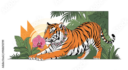 Majestic Tiger Stretching with Tropical Flowers and Lush Foliage