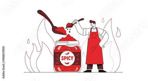 Man Adding Spicy Seasoning to Jar, Cooking Concept, Hot Food Illustration