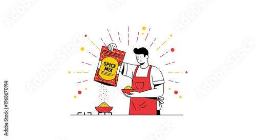 Man adding spice mix to bowl, cooking, culinary concept, flat illustration