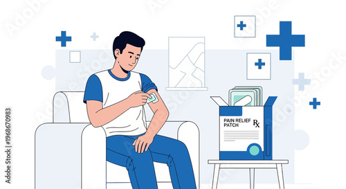 Man Applies Pain Relief Patch to Arm, Medical Treatment Concept