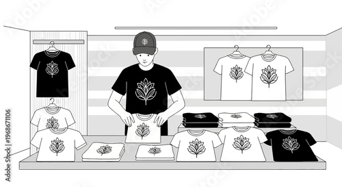 Man Arranging T-shirts in a Store Display. Retail Merchandising and Fashion Boutique.