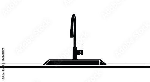 A modern kitchen faucet and sink are depicted in a stark minimalist style presented as a silhouette high quality professional detailed