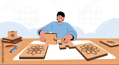 Man Assembling Wooden Jigsaw Puzzle with Floral Design