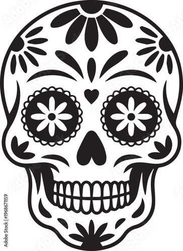 Detailed mexican sugar skull with floral patterns and heart shaped nose for holiday